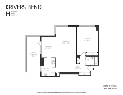 Floor plan for 1 bed, 1 bath, 1032 sqft
